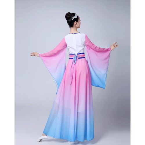 Women's Chinese folk dance dress female pink gradient colored traditional ancient fairy yangko fan dance cosplay dance costumes 
